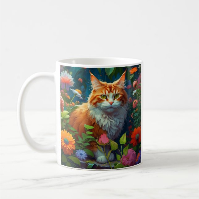 Cute Orange and White Cat sitting in Flowers Coffee Mug (Left)