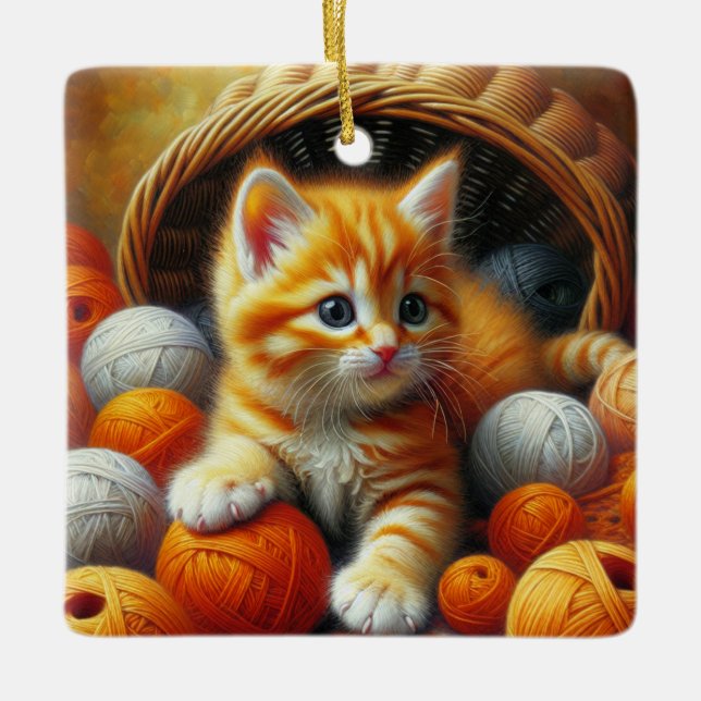 Cute Orange and White Kitten  Playing in Yarn  Ceramic Ornament (Front)