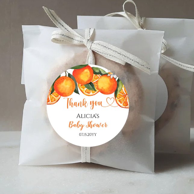 Cute orange Baby Shower Classic Round Sticker (Creator Uploaded)