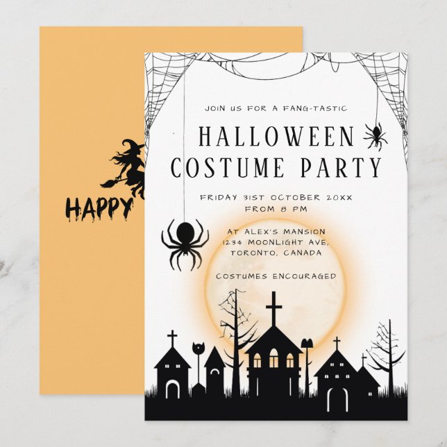 Cute Orange & Black Adult Halloween Costume Party Invitation (Front/Back)