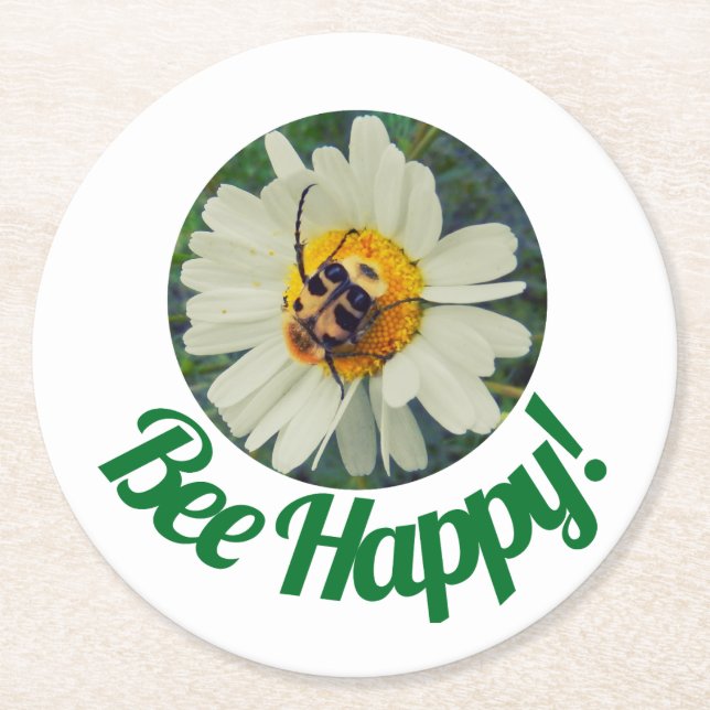 Cute Orange & Black Bee on Daisy Circle Design Round Paper Coaster (Front)