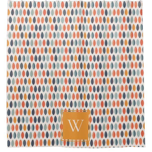 Cute Orange Blue Leafy Botanical Monogram Pattern Shower Curtain (Front)