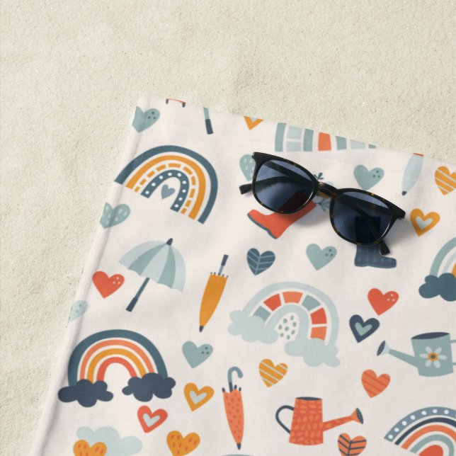 Cute Orange Blue Spring Rainbow Clouds Pattern Beach Towel (In Situ)