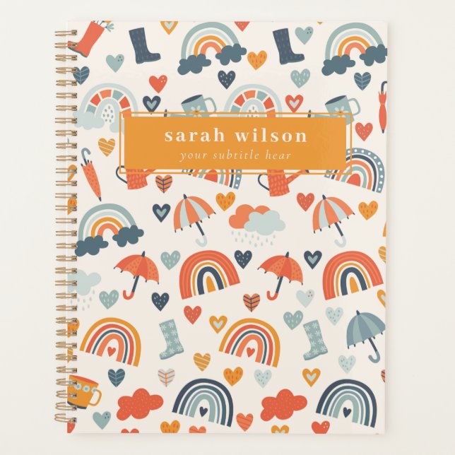 Cute Orange Blue Spring Rainbow Clouds Pattern Planner (Front)