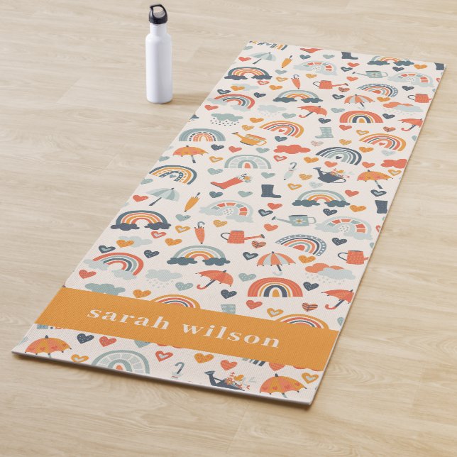Cute Orange Blue Spring Rainbow Clouds Pattern Yoga Mat (In Situ)