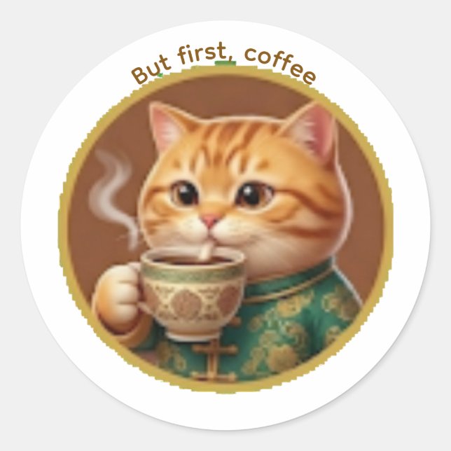 Cute Orange Cat Drinking Tea Coffee Sticker (Front)