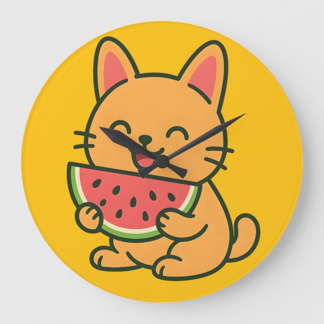 Cute Orange Cat Eating Watermelon Wall Clock  (Front)