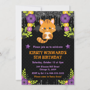 Cute Orange Cat Floral Halloween Birthday Invitation