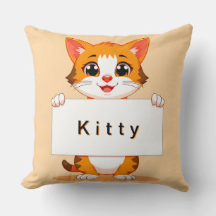 Cute Orange Cat Holding a Blank Signboard Cushion