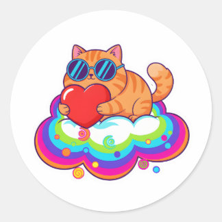 Cute Orange Cat Holding Red Heart on Rainbow Cloud Classic Round Sticker