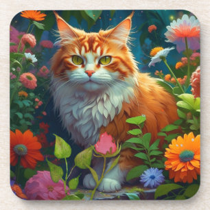 Cute Orange Cat in Flowers  Coaster