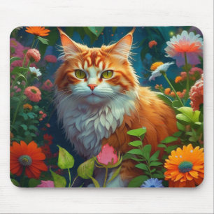 Cute Orange Cat in Flowers Mouse Pad
