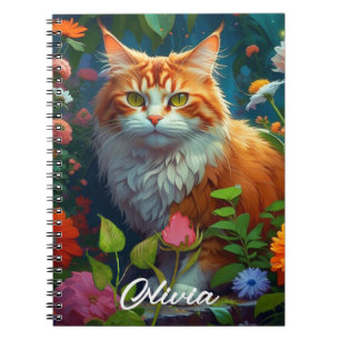 Cute Orange Cat in Flowers Personalised Notebook