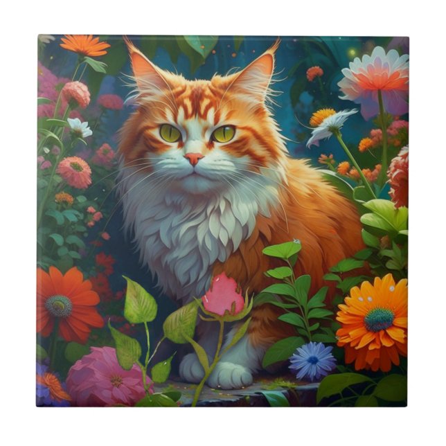 Cute Orange Cat in Flowers  Tile (Front)