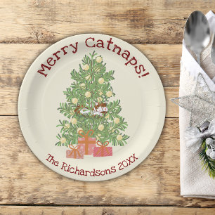 Cute Orange Cat on Chistmas Tree Merry Catnaps!  Paper Plate