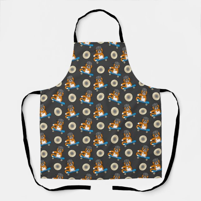 Cute Orange Cat on Skateboard Cartoon Apron (Front)