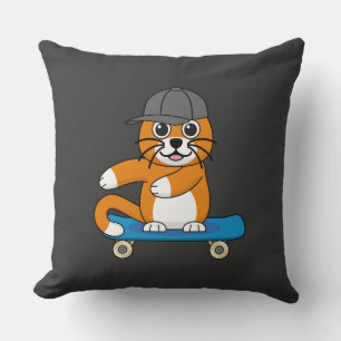 Cute Orange Cat on Skateboard Cartoon Cushion
