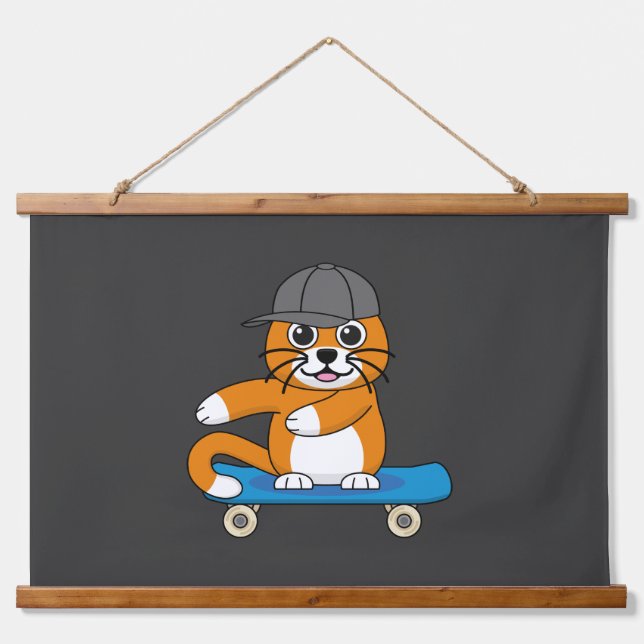 Cute Orange Cat on Skateboard Cartoon Hanging Tapestry (Front)