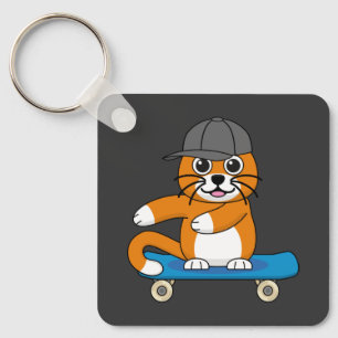 Cute Orange Cat on Skateboard Cartoon Key Ring