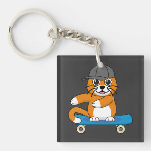 Cute Orange Cat on Skateboard Cartoon Key Ring