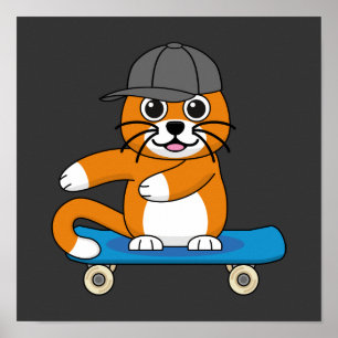 Cute Orange Cat on Skateboard Cartoon Poster