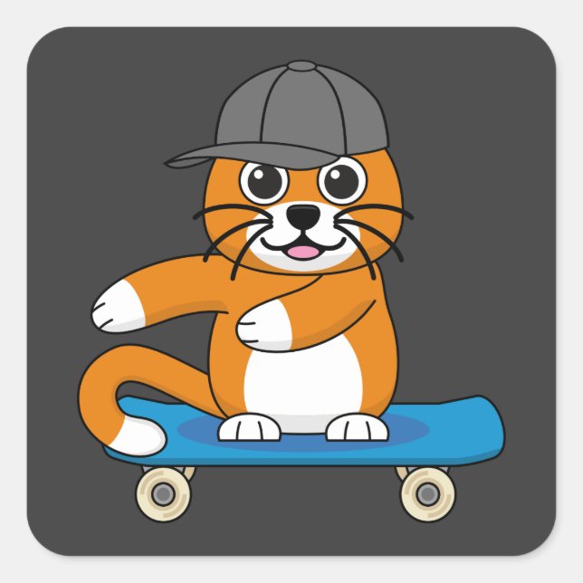 Cute Orange Cat on Skateboard Cartoon Square Sticker (Front)