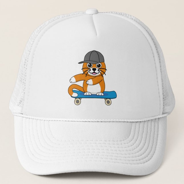 Cute Orange Cat on Skateboard Cartoon Trucker Hat (Front)