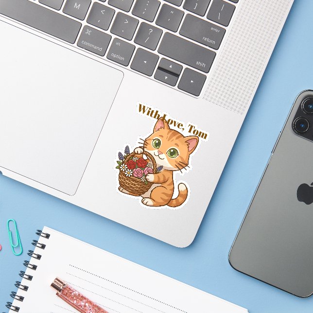 Cute Orange Cat Personalised Die-Cut Vinyl Sticker (Laptop w/ iPhone)