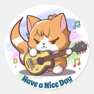Cute Orange Cat Playing Guitar Classic Round Sticker