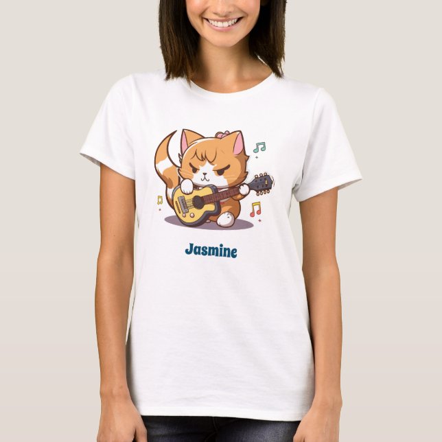 Cute Orange Cat Playing Guitar T-Shirt (Front)