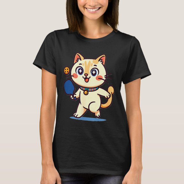 Cute orange cat playing pickleball  T-Shirt (Front)