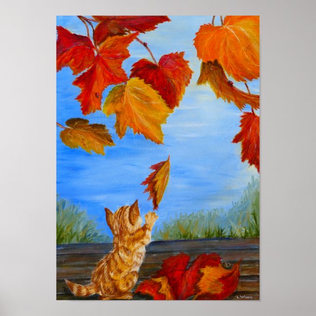 Cute orange cat playing with autumn leaves. Poster (Front)
