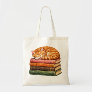 Cute Orange Cat Sleeping on Stack of Books Tote Bag
