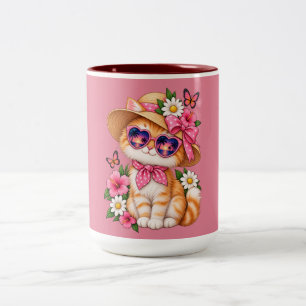 Cute Orange Cat Summer Floral Butterfly Design Two-Tone Coffee Mug