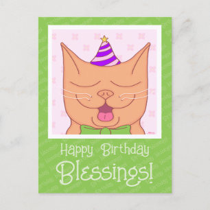 Cute Orange Cat With Birthday Hat Blessings Postcard