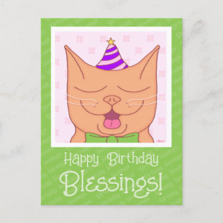 Cute Orange Cat With Birthday Hat Blessings Postcard