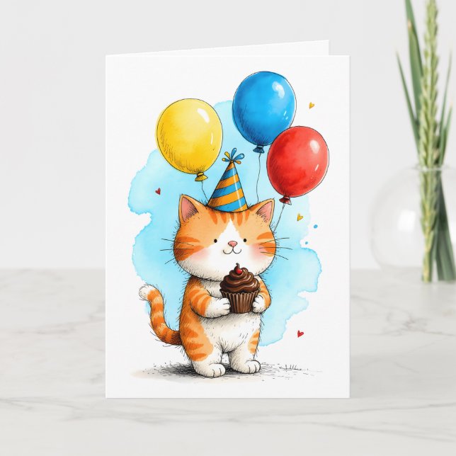 Cute Orange Cat with Cupcake Kid's Happy Birthday Card (Front)