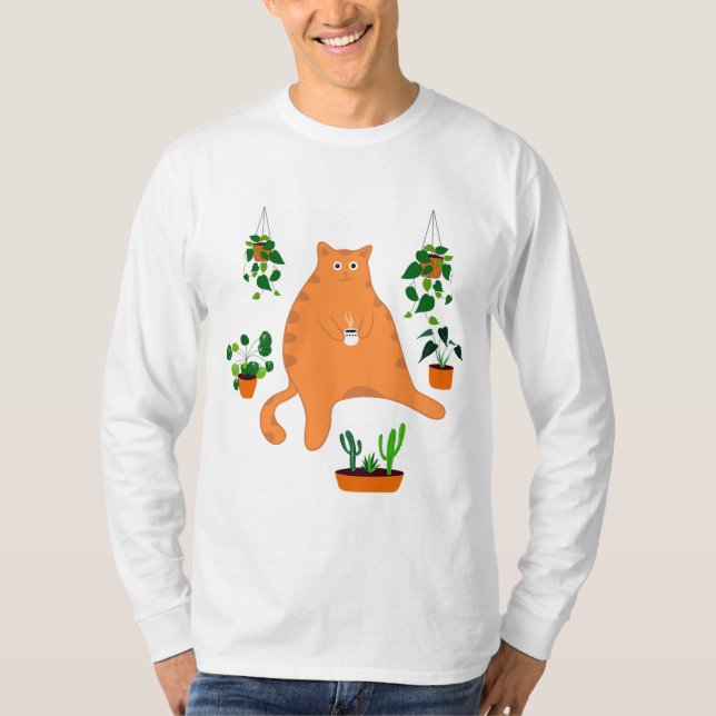 Cute Orange Cat With Plant, Cute Cat Gift T-Shirt (Front)