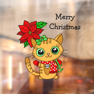 Cute Orange Cat with Poinsettia Christmas