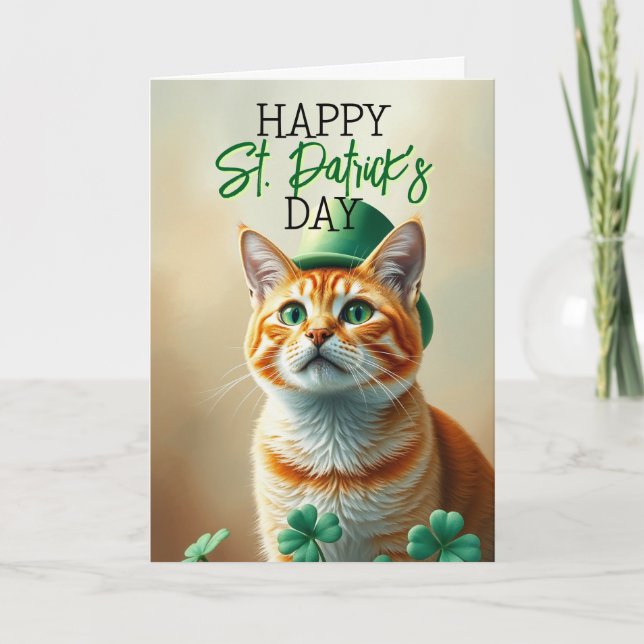 Cute Orange Cat with Shamrocks St Patrick's Day Card (Front)