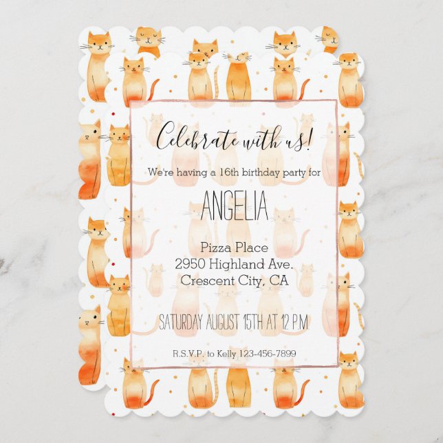 Cute Orange Cats and Dots Invitation (Front/Back)