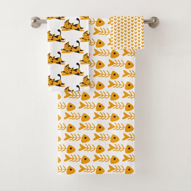 Cute Orange Cats, Hearts and Bones  Bath Towel Set (Insitu)