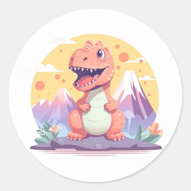 Cute orange dinosaur classic round sticker (Front)