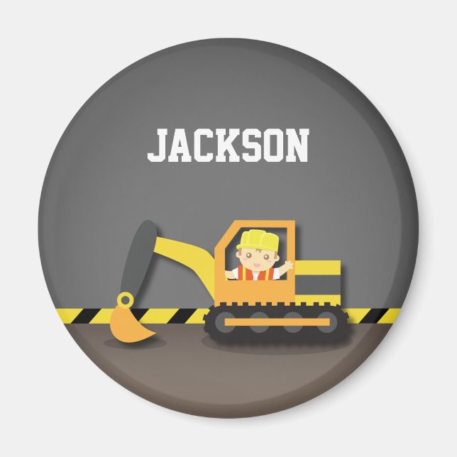 Cute Orange Excavator Construction Builder Boy Magnet (Front)