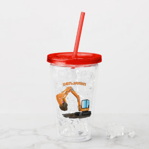 Cute orange excavator digger cartoon acrylic tumbler