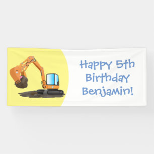 Cute orange excavator digger cartoon banner