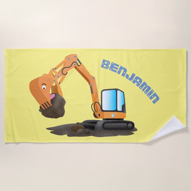 Cute orange excavator digger cartoon beach towel (Front)
