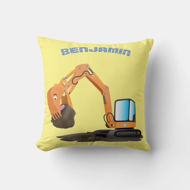 Cute orange excavator digger cartoon cushion (Front)