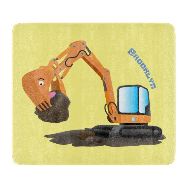 Cute orange excavator digger cartoon cutting board (Front)