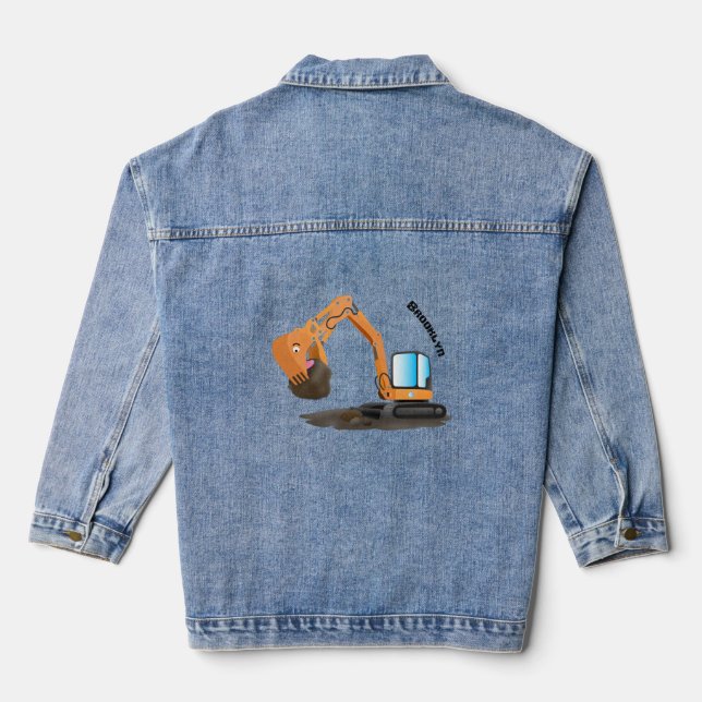 Cute orange excavator digger cartoon denim jacket (Back)